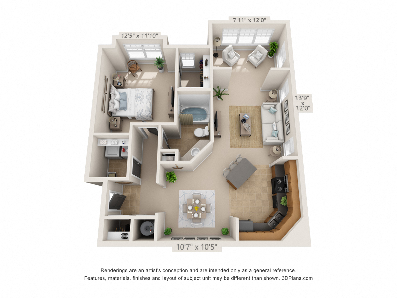 Floor plan for 1 bed, 1 bath, 943 sqft
